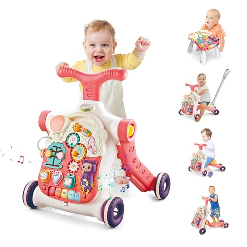 Image of 5 in 1 Baby Walker Sit-Stand Toy, Multifunctional Educational Baby Walker, Removable Play Panel with Music, Push Walkers for Babies 6-12 Months, Pink