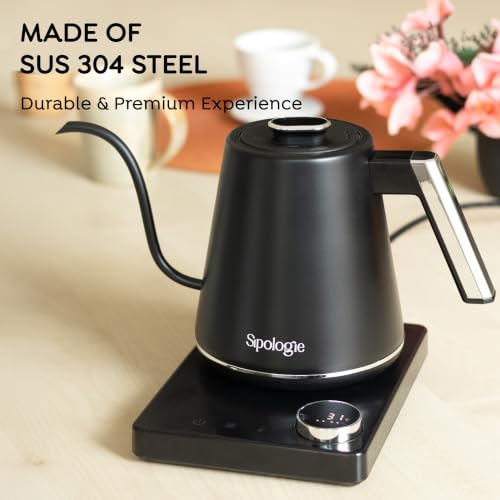 Image of Sipologie Precision Electric Gooseneck Kettle SE 1000ml | 5C Adjustable Temperature with 91 /93 /96C Presets | Keep Warm Timer | 304 Stainless Steel | Pour Over Coffee & Tea | 1100W | 1 Year Warranty