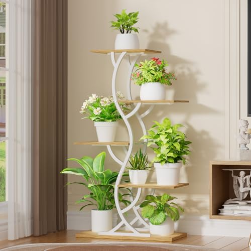 Image of Plant Stand Indoor with Grow Lights - 5 Tiered Corner Plant Shelves (White) | 44 inch Tall Metal Plant Shelf, S-Shape Lighted Flower Holder Dispaly Rack for Living Room, Home, Patio, Balcony