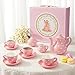 TUZT Tea Party Set for Little Girls Ages 3-8, Pink Heart Porcelain Tea Set with Gold Trim Edges, Princess Tea Time Toy Includes Pot & Cups & Saucers & Suitcase, Birthday Gifts for Toddlers Girls