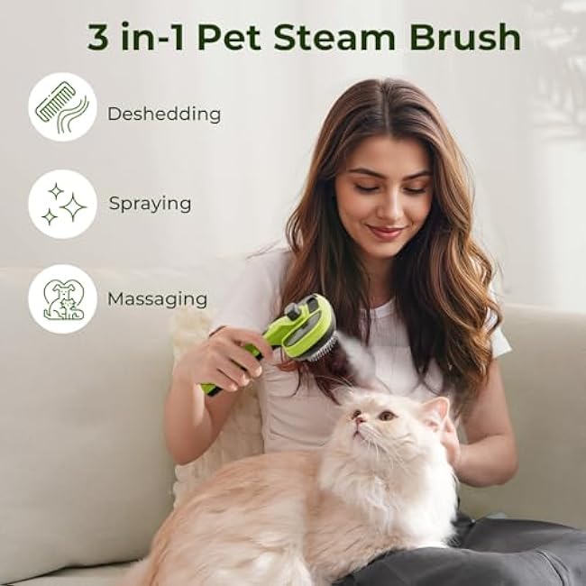Pecute Cat Steam Brush, Self-Cleaning Steam Cat Brush with 2 Water Spray Modes, Large Capacity Tank, Steaming Renu Dog Brush for Shedding Massaging Grooming, Cool Mist Only-ouFFRlMM