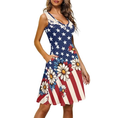 Image of Women's Casual Loose Sundress Midi Sleeveless Crewneck Dress Summer Beach Tank Dress with Pockets