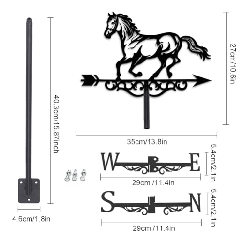 INFUNLY Pferde-Wetterfahne Aus Metall, Schwarze Pferde-Wetterfahne, Pferde-Windfahne, Reines Handgefertigtes Pferde-Eisen-Wegweiser, Dach, Garten, Outdoor, Bauernhaus-Dekoration, 13.78X10.63/35 cm X