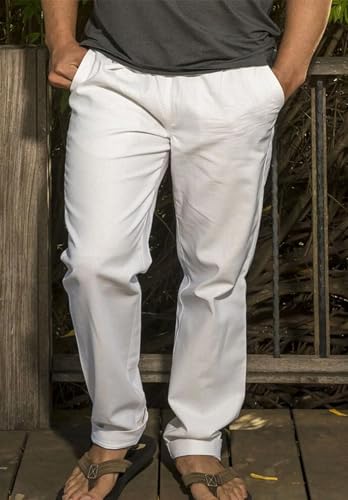 Men's Casual Linen Pants Lightweight Loose Fit Breathable Summer Beach Trousers in White4