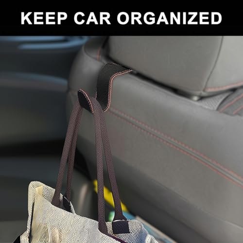 EldHus Car Seat Hooks for Purses and Bags, 4 Pack Car Purse Holder for Grocery Bag Handbag Clothes, Metal Headrest Hooks Covered by Leather, Black Red