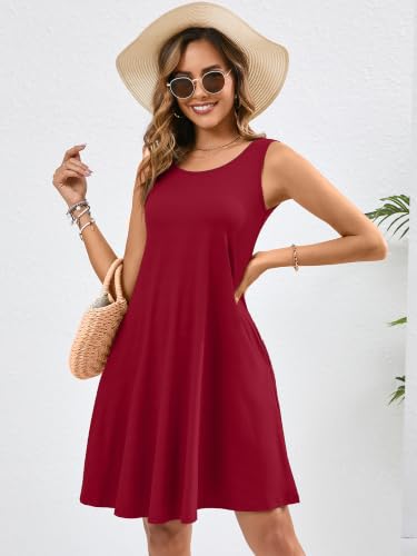 KORSIS Sundress for Women Casual T Shirt Tank Dresses Sleeveless Swing Flowy Ladies Formal Work Summer Dress with Pockets Wine Red S — view 2