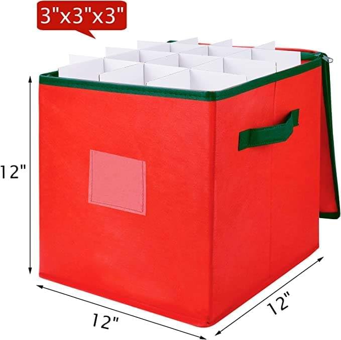 Christmas Ornament Storage Box, Red, 12x12x12 Inch | Adjustable Dividers, Holds Up to 64 Holiday Ornaments, Zippered Organizer Bin, Handles & Label Slot