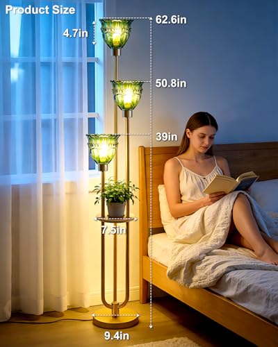 Image of Lightdot 3-Lights Glass Floor Lamp for Living Room Modern Gold Floor Lamp with Green Glass Shade 3000K Bulbs Included Tall Standing Lamp with 5Lb Heavy Base for Bedroom /Sofa Corner Decor-Foot Switch