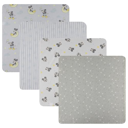 Image of Disney Baby 4-Pack Receiving Blankets — 100% Cotton Flannel, 28" x 28" — Available in Mickey, Minnie, Pooh, Stitch or Angel — Soft Swaddle, Burp & Stroller Blankets — Gift-Ready with Ribbon Bow