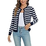  CUNYI Cardigan de Punto para Mujer Rebeca Cuello Redondo Clásico Manga Larga Chaqueta de Mujer con Botones Abrigo Elegante, Azul Marino y Blanco L
