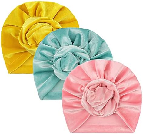 MMCHEN 3pcs Baby Girls Velvet Bandana Hats, Knotted Toddler Hats Newborn Hats Baby Hat Bandanas for 0-3 Years Old (Yellow+Pink+Blue)
