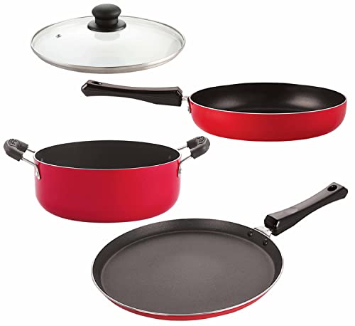 Image of Nirlon Kitchen Accessories for Cooking Non Stick Aluminium cookware Set, 4 Pieces, Red (Flat Tawa|Fry Pan|Casserole|1 Glass Lid)-32mm FT12 FP12 CS14 1GLID