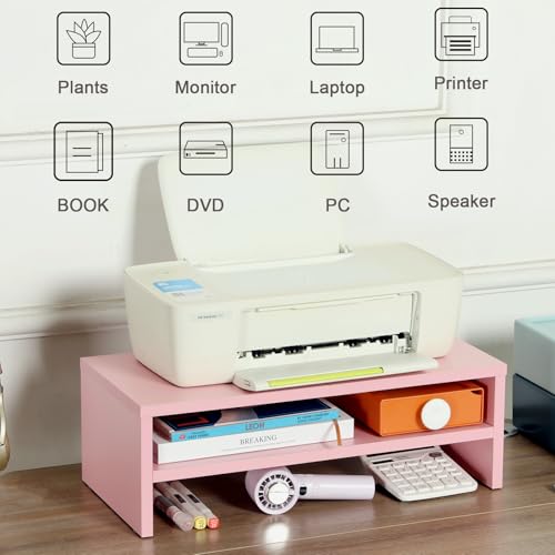 Image of TEAMIX 2 Tiers Pink Monitor Stand Riser, Desktop Stand with Keyboard Storage Small TV Stand Laptop Wooden Desk Organizer Cute Shelf