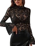 Women's Long Sleeve Lace Mesh Tops High Neck Sheer Blouse Sexy Floral Going Out Top Black