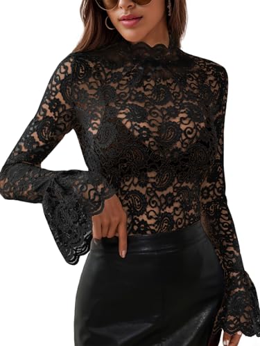 Women's Long Sleeve Lace Mesh Tops High Neck Sheer Blouse Sexy Floral Going Out Top