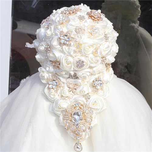 TUAGYMKR Handmade Satin Rose Water Drop Bridal Bouquet 8.7inch Crystal Wedding Round Tossing Bouquet Jewelry Proposal Bridesmaid Bouquet Groom Corsage Bride Wrist Flower Ivory (Ivory)