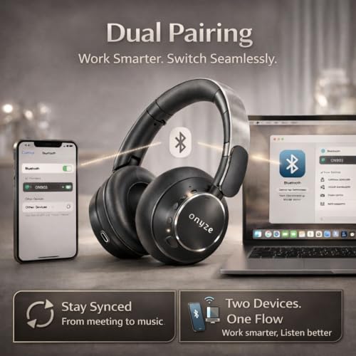 Image of ONYZE VORIC ON903 Over-Ear Wireless Headphones with ANC, Bluetooth 5.4, Dual Pairing, 40mm Drivers, Up to 60H Playtime, Foldable Premium Design (Obsidian Black)