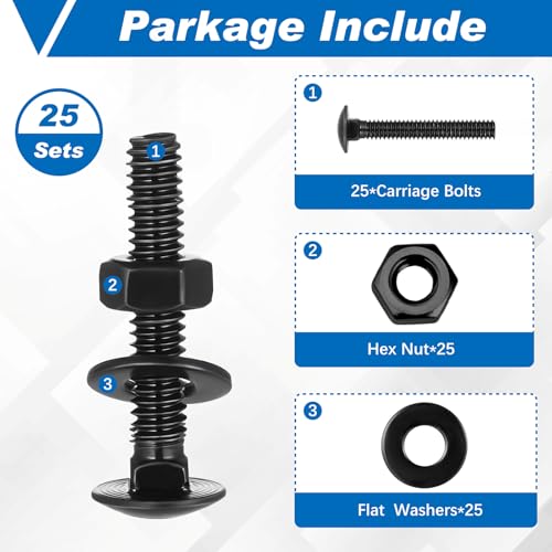 Image of Zonon 25 Sets 1 /4-20 x 1-1 /2 inch Stainless Steel Carriage Bolts and Nuts Kit Round Head Square Neck Carriage Bolts Screws and Hex Nuts and Flat Washers, Stainless 18-8 Full Thread Coverage (Black)