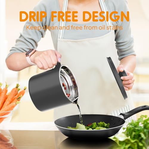 Image of Chihee Grease Container Stainless Steel 2L / 67.6 fl oz Fine Mesh Strainer | Easy to Clean Large Spout Bacon Grease Saver Cooking Oil Keeper Stoarge Can with Dust-proof Lid Non-slip Tray Kitchen Frying