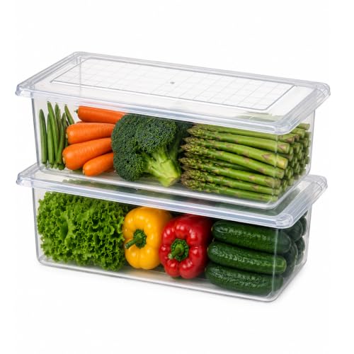 Image of Fridge Organizer with Removable Drain Plate and Secure-Sealing Lids, Fridge Storage Boxes for Fresh Fruits and Vegetables, Food Container Box Set (2)