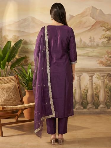 Image of INDO ERA Women's Cotton Solid Straight Kurta Palazzo With Dupatta Set