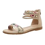 LOCIIXAT Women's Floral Braided Boho Flat Strappy Gladiator Sandals with Zipper Closure, Apricot 5 UK