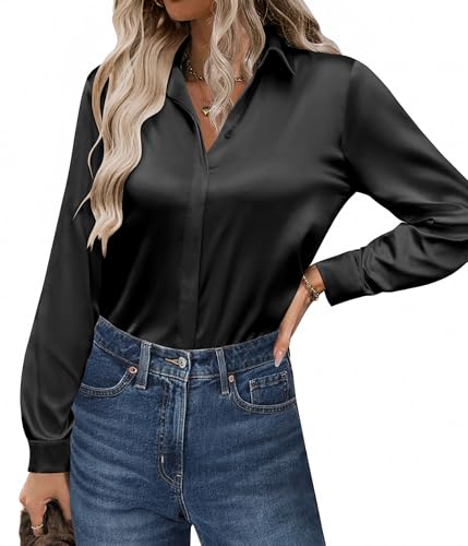 Zeagoo Satin Blouses for Women Casual Long Sleeve Button Down Silk Shirts Dressy Business Work Tunic Top