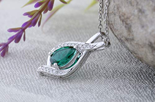 Dazzlingrock Collection 9X6 Mm Pear Lab Created Emerald & Round White Diamond Swirl Teardrop Pendant With 18 Inch Silver Chain For Women In 14K White Gold #TOP3