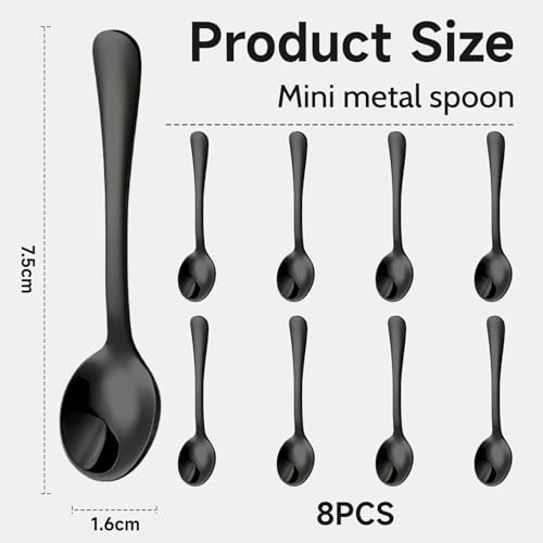 GlamRays 8 Stück Tiny Edelstahl Löffel für Gewürzgläser, Mini Größe 7,5CM, Cute Small Edelstahl Gewürz Löffel für Gewürze, Salz, Fun Little Scoops(Schwarz)