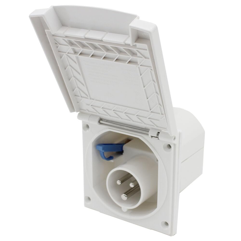 CR-MOESANCO® Enchufe para caravanas CEE - Enchufe de superficie para exteriores de 230 V / 16 A con tapa abatible - Enchufe de 3 polos para caravanas - Para uso en exteriores - IP44 - Blanco