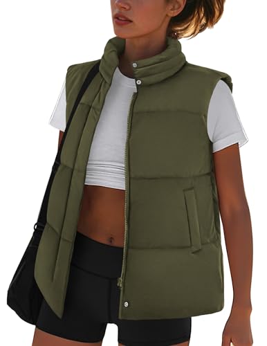 Zeagoo Green Puffer Vest Womens Lightweight Fall Fashion Zipped Stand Collar Plus Size Puffy Pocketed Outerwear Vest XL