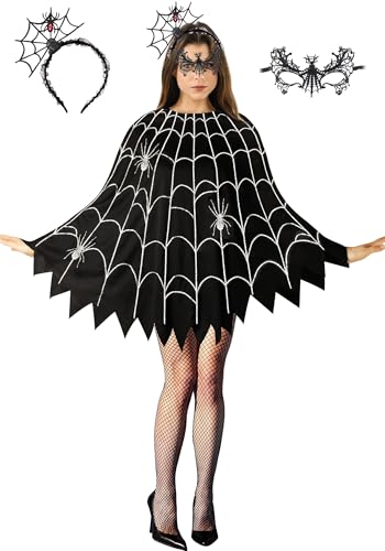CONGRU 3 Pcs Spider Web Poncho for Women,Spider Web Costume Dress with Headband& Mask,Halloween Costume for Women