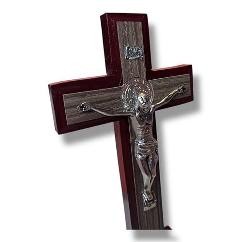 St. Benedict Tabletop Crucifix, 8in – Mahogany and Oak Wood Style Catholic Standing Cross with Saint Benedict Medal – Crucifix for Home Altar, Prayer, Desk, Office - Religious Gift