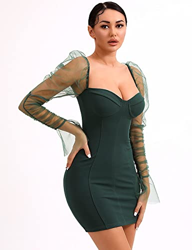 L'vow Sexy See Through Mesh Sheer Puff Long Sleeve Club Dresses Bodycon Party Clubwear For Women (Dark Green, M) #TOP1