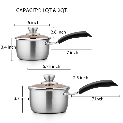 TeamFar 1qt & 2qt Saucepan with Lid, Stainless Steel Small Cooking Pot, Milk Sauce Pan with Long Handle for Home Kitchen, Non-Toxic & Heavy-Duty, Multi-use & Dishwasher Safe