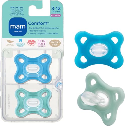 Image of MAM Comfort Baby Pacifiers 3-12 Months Babies,Lightweight-Piece Full Silicone Binky,BPA-Free Nipple,Easy to Clean Pacifier,Best for Breastfed Babies,Sterilizer Case,Made in Europe,2 Count (Pack of 12)