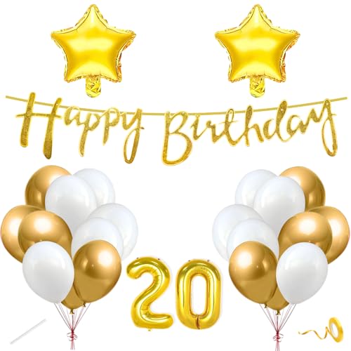 Image of Flyloons 20th Happy Birthday Decoration Kit Gold White for Boys Girls Kids Twins Men Women With 20 Pcs Chrome Balloons Birthday Banner 2 Pcs Star Items Set Golden