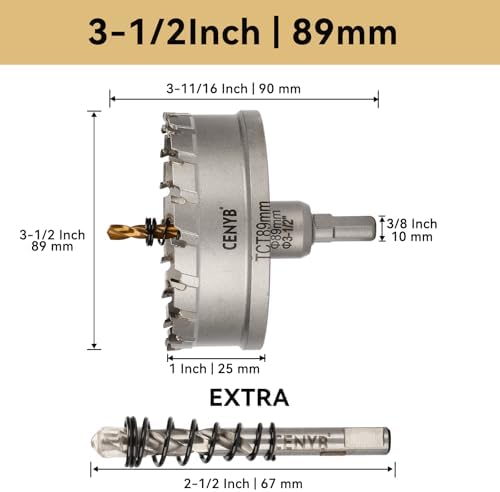 CENYB 3-1/2" (89mm) Tungsten Carbide Tipped Hole Saw with 2Pcs Titanium-Plated Pilot Drill Bits for Metal, Steel, Iron, Wood, Plastic
