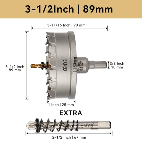 CENYB 3-1/2" (89mm) Tungsten Carbide Tipped Hole Saw with 2Pcs Titanium-Plated Pilot Drill Bits for Metal, Steel, Iron, Wood, Plastic