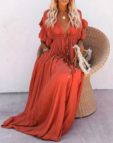 R.Vivimos Maxi Dresses for Women 2025 Summer Short Sleeve V Neck Drawstring Tie Boho Loose Flowy Long Dresses with Pockets3