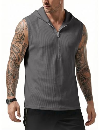 JMIERR Men's Muscle Ribbed Knit Hooded Tank Top Sleeveless Sweatshirt with Quarter Zip Tee Shirts Stretch Athletic Vest for Running and Daily Wear, M, Dark Grey