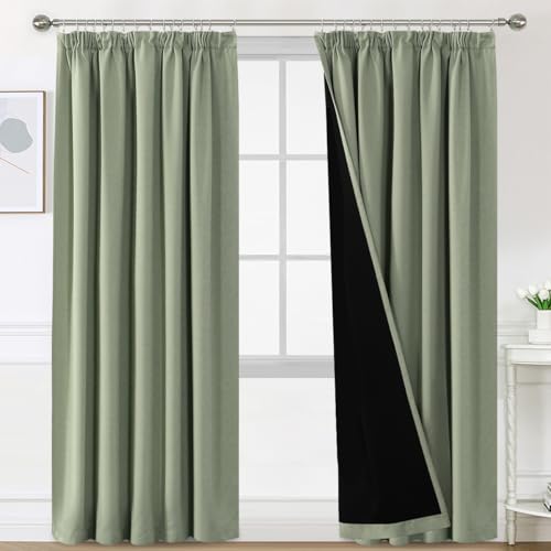 H.Versailtex 100% Blackout Curtains for Bedroom, Pencil Pleat Black Out Living Room Curtains Super Soft Thermal Insulated Curtain Pair Panel with Tiebacks, W90x L90 Inch, 2 Panels, Light Sage
