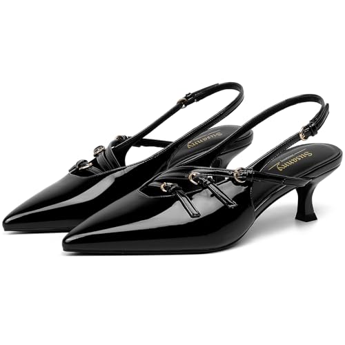 Susanny Black Low Kitten Heels for Women Closed Pointed Toe Strappy Dress Pumps Comfort Sling Back Heels Sexy Buckle Strap Dressy Slip On Shoes for Wedding Bridal Party Work 8