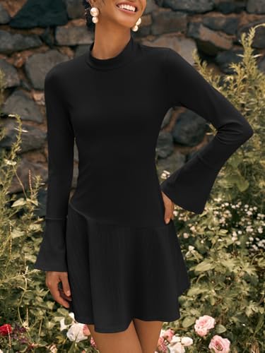 Wenrine Womens Long Bell Sleeve Mini Dress Casual Mock Neck Ruffle Hem Slim Fit Fall Knit Dresses3