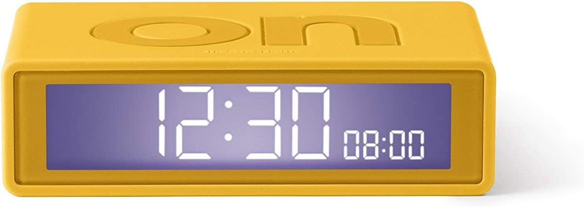 Lexon Flip+ Travel Digital Alarm Clock, Reversible On/Off Faces Small Travel Clock with LCD display & Touch Sensor Light, Battery operated, Rubber - Yellow