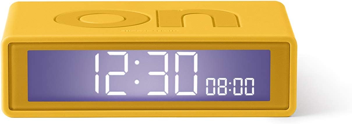 Lexon Flip+ Travel Digital Alarm Clock, Reversible On/Off Faces Small Travel Clock with LCD display & Touch Sensor Light, Battery operated, Rubber - Yellow