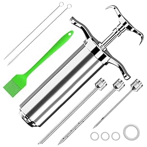 60ml BBQ Marinadenspritze Edelstahl Bratenspritze mit 3 Nadeln, leischspritze, rapf... Edelstahl 304 Gewürzspritze Grill Reinigungsbürste Huhn Rind Gebäck (Silber