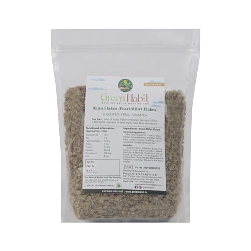 Image of GreenHabit Bajra Flakes - Nutritious and Gluten-Free Pearl millet Poha Cereal - High Fiber Breakfast Vegan (Bajra Flakes, 1 kg)