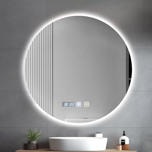 Hondony Miroir de salle de bain rond LED 60x60 cm, Anti-buée, Éclairage dimmable 3 couleurs, Rétroéclairage moderne, Miroir avec lumière intégrée pour salle de...