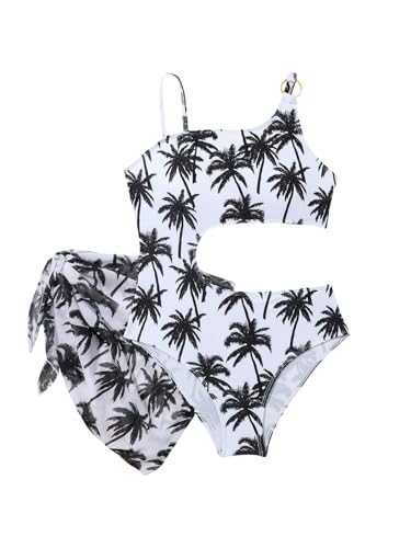 SweatyRocks Girl's Tropical Print One Piece Swimsuit Cut Out Asymmetrical Bathing Suit with Sarong Wrap